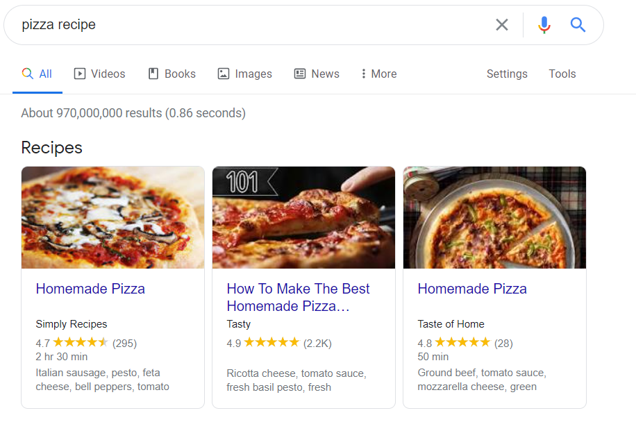 google search results for pizza recipe